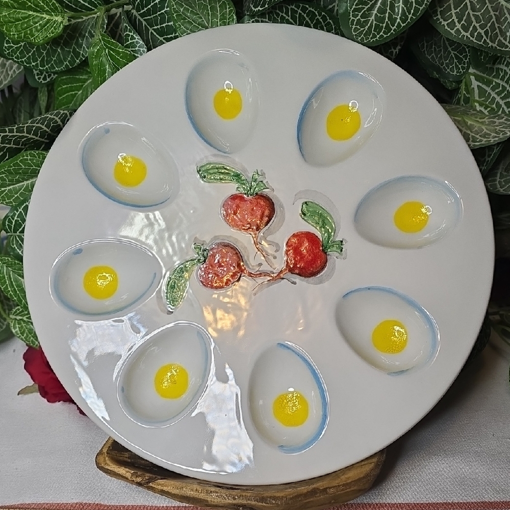 Vintage Mancer Italy Deviled Egg Platter, Italian Majolica Egg Plate MC248